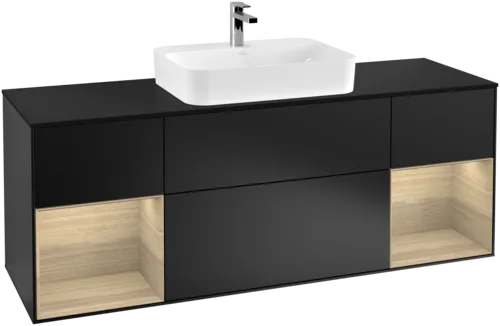 VILLEROY BOCH Toaletní skříňka Finion, s osvětlením, 4 výsuvy, 1600 x 603 x 501 mm, černý matný lak / dubová dýha / černé matné sklo #F452PCPD