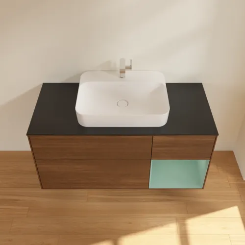 VILLEROY BOCH Toaletní skříňka Finion, s osvětlením, 3 výsuvy, 1200 x 603 x 501 mm, ořechová dýha / olivově matný lak / sklo černé matné #F422GMGN, obrázek 4