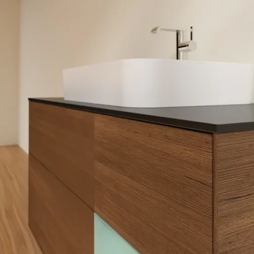 VILLEROY BOCH Toaletní skříňka Finion, s osvětlením, 3 výsuvy, 1200 x 603 x 501 mm, ořechová dýha / olivově matný lak / sklo černé matné #F422GMGN, obrázek 6