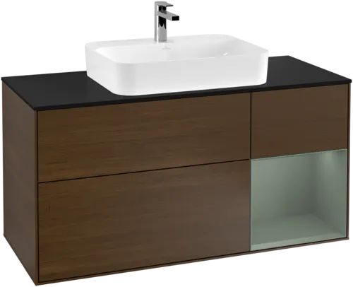 VILLEROY BOCH Toaletní skříňka Finion, s osvětlením, 3 výsuvy, 1200 x 603 x 501 mm, ořechová dýha / olivově matný lak / sklo černé matné #F422GMGN