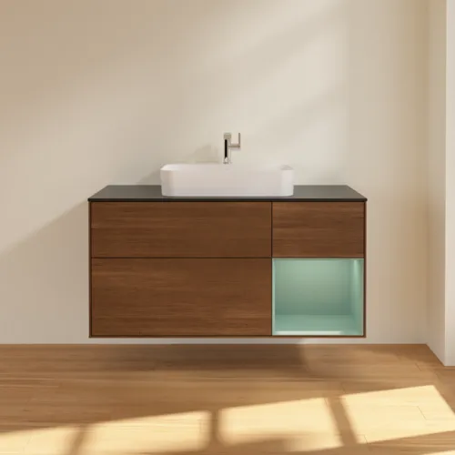 VILLEROY BOCH Toaletní skříňka Finion, s osvětlením, 3 výsuvy, 1200 x 603 x 501 mm, ořechová dýha / olivově matný lak / sklo černé matné #F422GMGN, obrázek 3