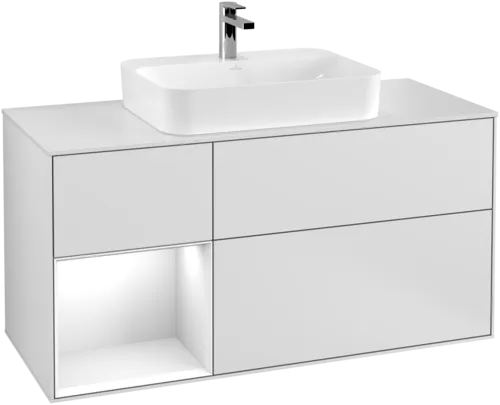 VILLEROY BOCH Umyvadlová skříňka Finion, s osvětlením, 3 výsuvy, 1200 x 603 x 501 mm, bílý matný lak / bílý lesklý lak / bílé matné sklo #F411GFMT
