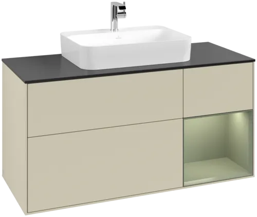VILLEROY BOCH Toaletní skříňka Finion, s osvětlením, 3 výsuvy, 1200 x 603 x 501 mm, hedvábně šedý matný lak / olivový matný lak / černé matné sklo #F422GMHJ