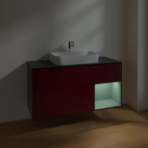 VILLEROY BOCH Toaletní skříňka Finion, s osvětlením, 3 výsuvy, 1200 x 603 x 501 mm, Pivoňka matný lak / Olivový matný lak / Sklo černé matné #F422GMHB, obrázek 5