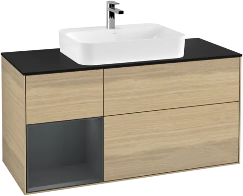 VILLEROY BOCH Toaletní skříňka Finion, s osvětlením, 3 výsuvy, 1200 x 603 x 501 mm, dubová dýha / půlnočně modrý matný lak / černé matné sklo #F412HGPC, obrázek 1