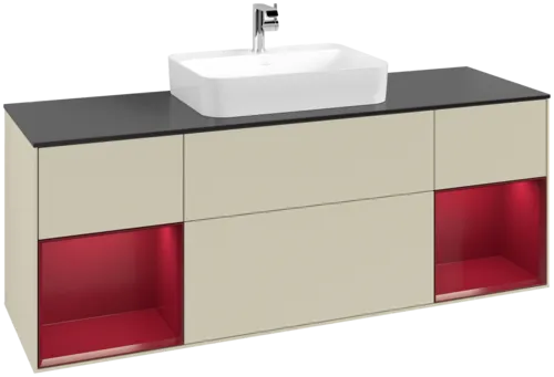 VILLEROY BOCH Toaletní skříňka Finion, s osvětlením, 4 výsuvy, 1600 x 603 x 501 mm, Silk Grey Matt Lacquer / Peony Matt Lacquer / Glass Black Matt #F452HBHJ
