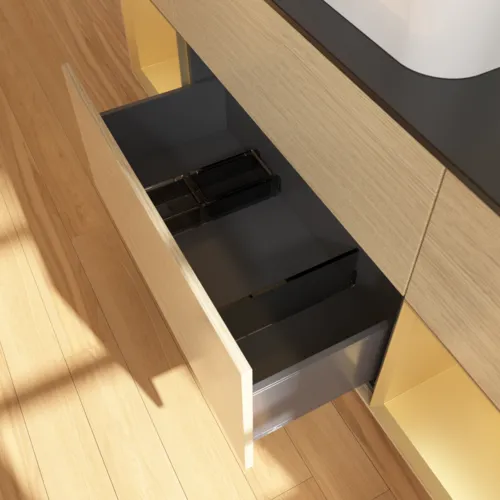 VILLEROY BOCH Toaletní skříňka Finion, s osvětlením, 4 výsuvy, 1600 x 603 x 501 mm, dubová dýha / zlatý matný lak / černé matné sklo #F452HFPC, obrázek 5