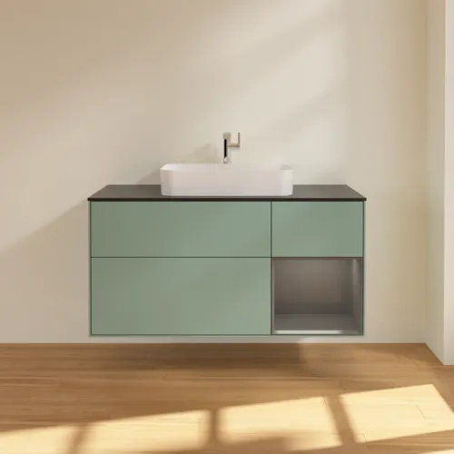 VILLEROY BOCH Toaletní skříňka Finion, s osvětlením, 3 výsuvy, 1200 x 603 x 501 mm, olivový matný lak / antracitový matný lak / černé matné sklo #F422GKGM, obrázek 3