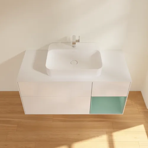 VILLEROY BOCH Toaletní skříňka Finion, s osvětlením, 3 výsuvy, 1200 x 603 x 501 mm, lesklý bílý lak / olivově matný lak / sklo bílé matné #F421GMGF, obrázek 4