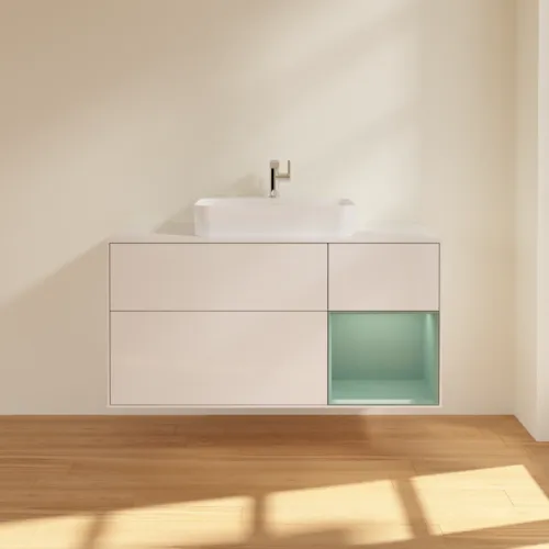VILLEROY BOCH Toaletní skříňka Finion, s osvětlením, 3 výsuvy, 1200 x 603 x 501 mm, lesklý bílý lak / olivově matný lak / sklo bílé matné #F421GMGF, obrázek 3
