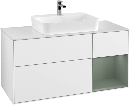VILLEROY BOCH Toaletní skříňka Finion, s osvětlením, 3 výsuvy, 1200 x 603 x 501 mm, lesklý bílý lak / olivově matný lak / sklo bílé matné #F421GMGF