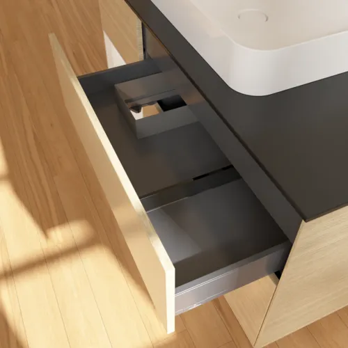 VILLEROY BOCH Toaletní skříňka Finion, s osvětlením, 3 výsuvy, 1200 x 603 x 501 mm, dubová dýha / lesklý bílý lak / černé matné sklo #F412GFPC, obrázek 8
