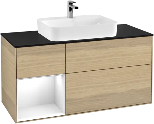 VILLEROY BOCH Toaletní skříňka Finion, s osvětlením, 3 výsuvy, 1200 x 603 x 501 mm, dubová dýha / lesklý bílý lak / černé matné sklo #F412GFPC