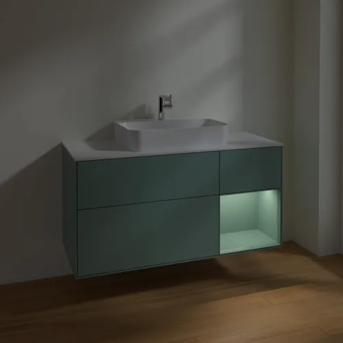 VILLEROY BOCH Toaletní skříňka Finion, s osvětlením, 3 výsuvy, 1200 x 603 x 501 mm, olivově matný lak / olivově matný lak / sklo bílé matné #F421GMGM, obrázek 5