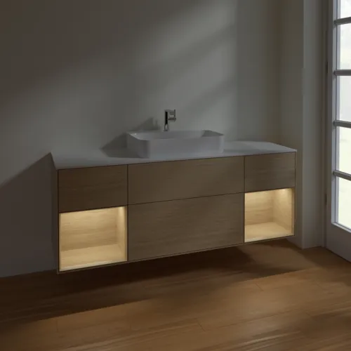 VILLEROY BOCH Toaletní skříňka Finion, s osvětlením, 4 výsuvy, 1600 x 603 x 501 mm, dubová dýha / dubová dýha / sklo bílé matné #F451PCPC, obrázek 5