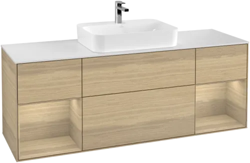 VILLEROY BOCH Toaletní skříňka Finion, s osvětlením, 4 výsuvy, 1600 x 603 x 501 mm, dubová dýha / dubová dýha / sklo bílé matné #F451PCPC