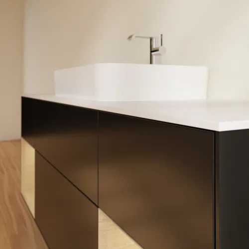 VILLEROY BOCH Toaletní skříňka Finion, s osvětlením, 4 výsuvy, 1600 x 603 x 501 mm, černý matný lak / dubová dýha / sklo bílé matné #F451PCPD, obrázek 3