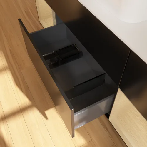 VILLEROY BOCH Toaletní skříňka Finion, s osvětlením, 4 výsuvy, 1600 x 603 x 501 mm, černý matný lak / dubová dýha / sklo bílé matné #F451PCPD, obrázek 4