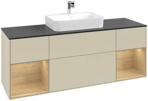 VILLEROY BOCH Toaletní skříňka Finion, s osvětlením, 4 výsuvy, 1600 x 603 x 501 mm, hedvábně šedý matný lak / dubová dýha / černé matné sklo #F452PCHJ