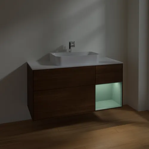 VILLEROY BOCH Toaletní stolek Finion, s osvětlením, 3 výsuvy, 1200 x 603 x 501 mm, ořechová dýha / olivový matný lak / sklo bílé matné #F421GMGN, obrázek 5
