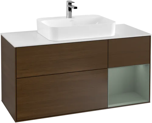 VILLEROY BOCH Toaletní stolek Finion, s osvětlením, 3 výsuvy, 1200 x 603 x 501 mm, ořechová dýha / olivový matný lak / sklo bílé matné #F421GMGN