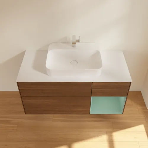 VILLEROY BOCH Toaletní stolek Finion, s osvětlením, 3 výsuvy, 1200 x 603 x 501 mm, ořechová dýha / olivový matný lak / sklo bílé matné #F421GMGN, obrázek 4