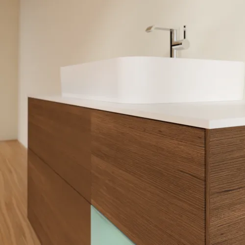 VILLEROY BOCH Toaletní stolek Finion, s osvětlením, 3 výsuvy, 1200 x 603 x 501 mm, ořechová dýha / olivový matný lak / sklo bílé matné #F421GMGN, obrázek 6