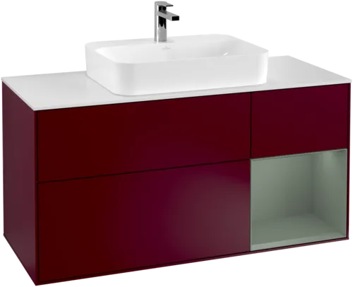 VILLEROY BOCH Toaletní skříňka Finion, s osvětlením, 3 výsuvy, 1200 x 603 x 501 mm, Pivoňka matný lak / Olivový matný lak / Sklo bílé matné #F421GMHB