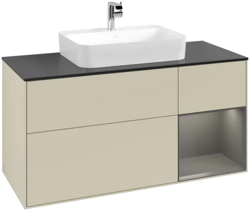 VILLEROY BOCH Toaletní skříňka Finion, s osvětlením, 3 výsuvy, 1200 x 603 x 501 mm, hedvábně šedý matný lak / antracitový matný lak / černé matné sklo #F422GKHJ
