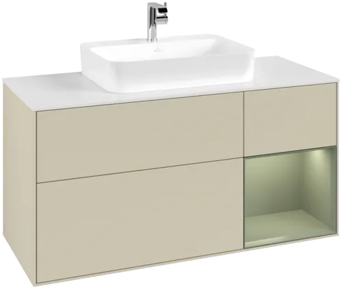 VILLEROY BOCH Toaletní skříňka Finion, s osvětlením, 3 výsuvy, 1200 x 603 x 501 mm, hedvábně šedý matný lak / olivový matný lak / bílé matné sklo #F421GMHJ
