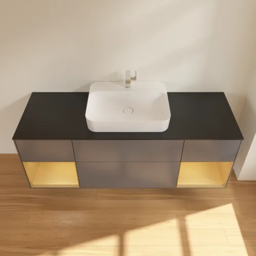 VILLEROY BOCH Toaletní skříňka Finion, s osvětlením, 4 výsuvy, 1600 x 603 x 501 mm, antracit matný lak / zlatý matný lak / černé matné sklo #F452HFGK, obrázek 3