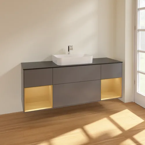 VILLEROY BOCH Toaletní skříňka Finion, s osvětlením, 4 výsuvy, 1600 x 603 x 501 mm, antracit matný lak / zlatý matný lak / černé matné sklo #F452HFGK, obrázek 2