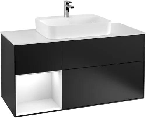 VILLEROY BOCH Toaletní skříňka Finion, s osvětlením, 3 výsuvy, 1200 x 603 x 501 mm, černý matný lak / bílý lesklý lak / bílé matné sklo #F411GFPD, obrázek 1