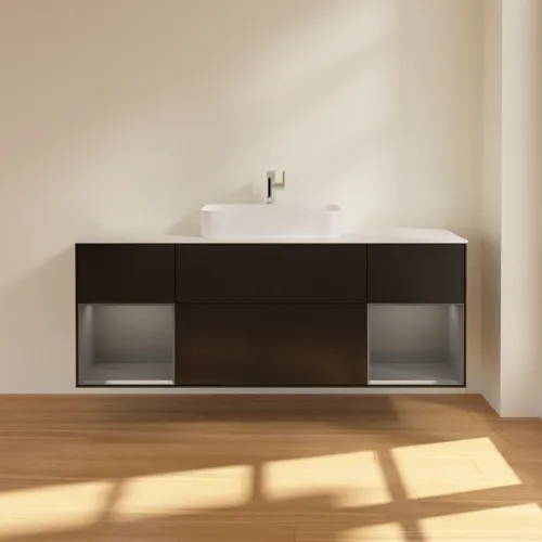 VILLEROY BOCH Toaletní skříňka Finion, s osvětlením, 4 výsuvy, 1600 x 603 x 501 mm, černý matný lak / antracitový matný lak / bílé matné sklo #F451GKPD, obrázek 2