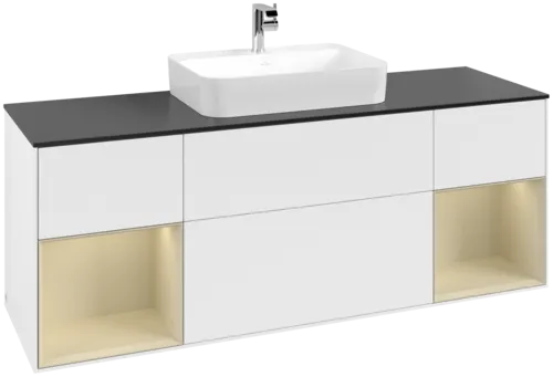 VILLEROY BOCH Toaletní skříňka Finion, s osvětlením, 4 výsuvy, 1600 x 603 x 501 mm, bílý matný lak / hedvábně šedý matný lak / černé matné sklo #F452HJMT