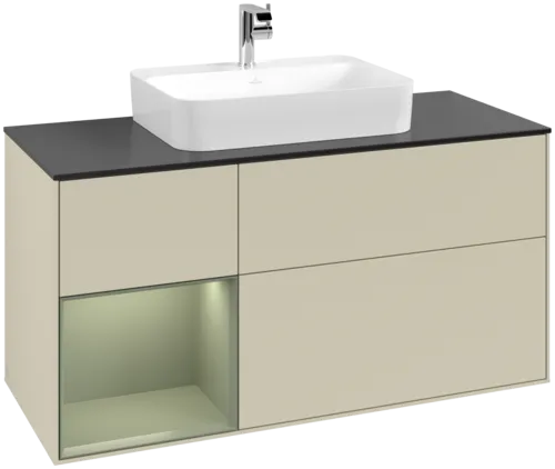 VILLEROY BOCH Toaletní skříňka Finion, s osvětlením, 3 výsuvy, 1200 x 603 x 501 mm, hedvábně šedý matný lak / olivový matný lak / černé matné sklo #F412GMHJ