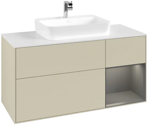 VILLEROY BOCH Toaletní skříňka Finion, s osvětlením, 3 výsuvy, 1200 x 603 x 501 mm, hedvábně šedý matný lak / antracitový matný lak / bílé matné sklo #F421GKHJ