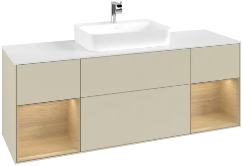 VILLEROY BOCH Toaletní skříňka Finion, s osvětlením, 4 výsuvy, 1600 x 603 x 501 mm, hedvábně šedý matný lak / dubová dýha / sklo bílé matné #F451PCHJ
