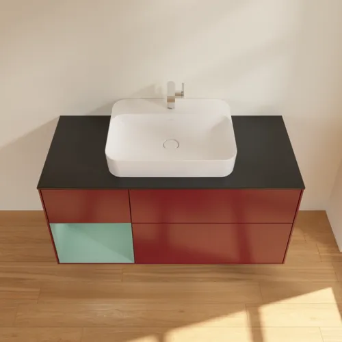 VILLEROY BOCH Toaletní skříňka Finion, s osvětlením, 3 výsuvy, 1200 x 603 x 501 mm, Pivoňka matný lak / Olivový matný lak / Sklo černé matné #F412GMHB, obrázek 4