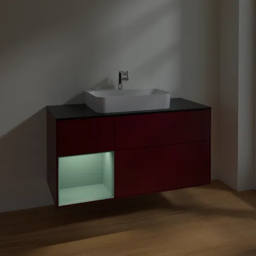 VILLEROY BOCH Toaletní skříňka Finion, s osvětlením, 3 výsuvy, 1200 x 603 x 501 mm, Pivoňka matný lak / Olivový matný lak / Sklo černé matné #F412GMHB, obrázek 5
