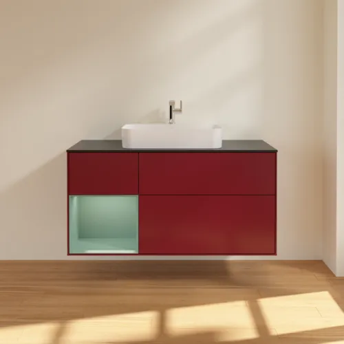 VILLEROY BOCH Toaletní skříňka Finion, s osvětlením, 3 výsuvy, 1200 x 603 x 501 mm, Pivoňka matný lak / Olivový matný lak / Sklo černé matné #F412GMHB, obrázek 3