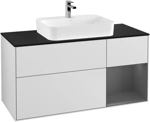 VILLEROY BOCH Toaletní skříňka Finion, s osvětlením, 3 výsuvy, 1200 x 603 x 501 mm, bílý matný lak / antracitový matný lak / černé matné sklo #F422GKMT