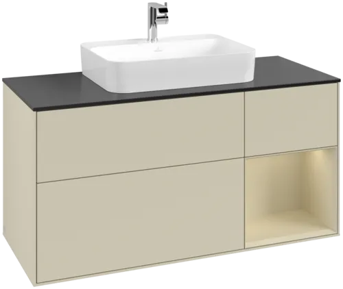 VILLEROY BOCH Toaletní skříňka Finion, s osvětlením, 3 výsuvy, 1200 x 603 x 501 mm, Silk Grey Matt Lacquer / Silk Grey Matt Lacquer / Glass Black Matt #F422HJHJ