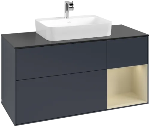 VILLEROY BOCH Toaletní skříňka Finion, s osvětlením, 3 výsuvy, 1200 x 603 x 501 mm, Midnight Blue Matt Lacquer / Silk Grey Matt Lacquer / Glass Black Matt #F422HJHG