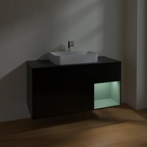 VILLEROY BOCH Toaletní skříňka Finion, s osvětlením, 3 výsuvy, 1200 x 603 x 501 mm, černý matný lak / olivový matný lak / černé matné sklo #F422GMPD, obrázek 5