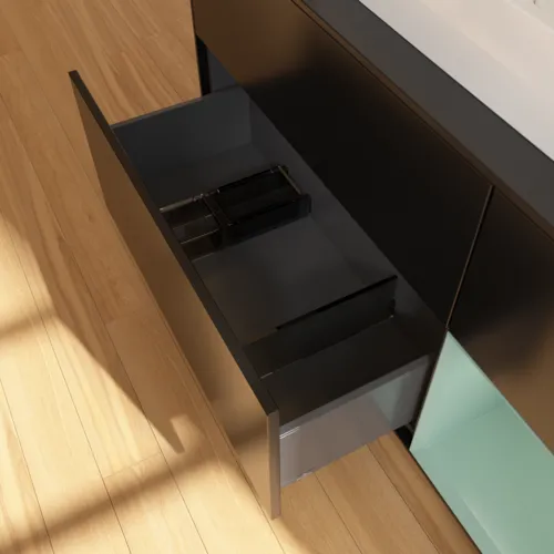 VILLEROY BOCH Toaletní skříňka Finion, s osvětlením, 3 výsuvy, 1200 x 603 x 501 mm, černý matný lak / olivový matný lak / černé matné sklo #F422GMPD, obrázek 7