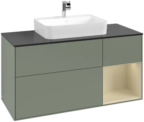 VILLEROY BOCH Toaletní skříňka Finion, s osvětlením, 3 výsuvy, 1200 x 603 x 501 mm, olivový matný lak / hedvábně šedý matný lak / černé matné sklo #F422HJGM
