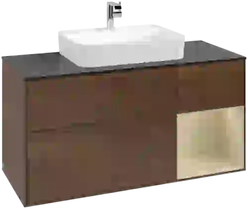 VILLEROY BOCH Toaletní skříňka Finion, s osvětlením, 3 výsuvy, 1200 x 603 x 501 mm, ořechová dýha / hedvábně šedý matný lak / sklo černé matné #F422HJGN