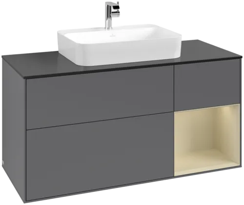 VILLEROY BOCH Toaletní skříňka Finion, s osvětlením, 3 výsuvy, 1200 x 603 x 501 mm, antracitový matný lak / hedvábně šedý matný lak / černé matné sklo #F422HJGK