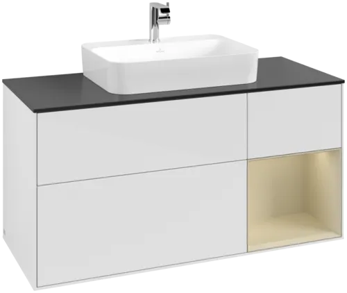 VILLEROY BOCH Toaletní skříňka Finion, s osvětlením, 3 výsuvy, 1200 x 603 x 501 mm, lesklý bílý lak / hedvábně šedý matný lak / černé matné sklo #F422HJGF